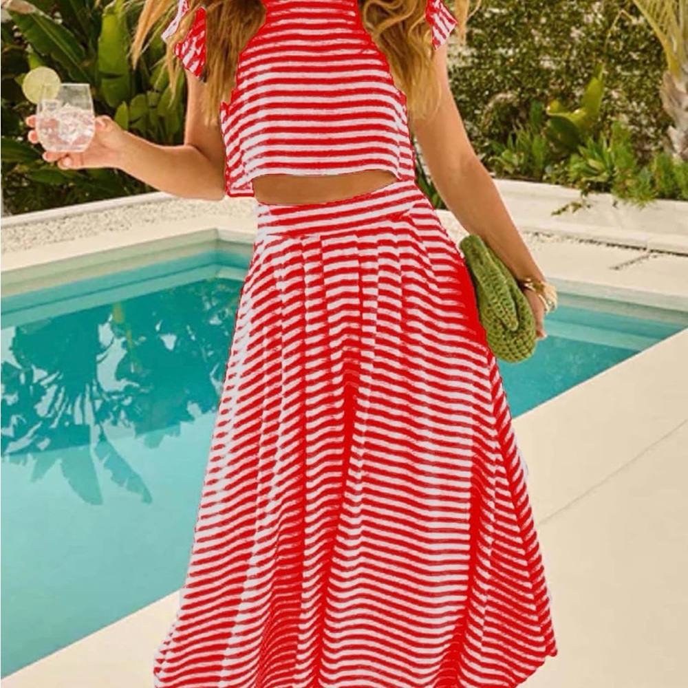 Red & White Striped Two-Piece Crop Top and Skirt Set